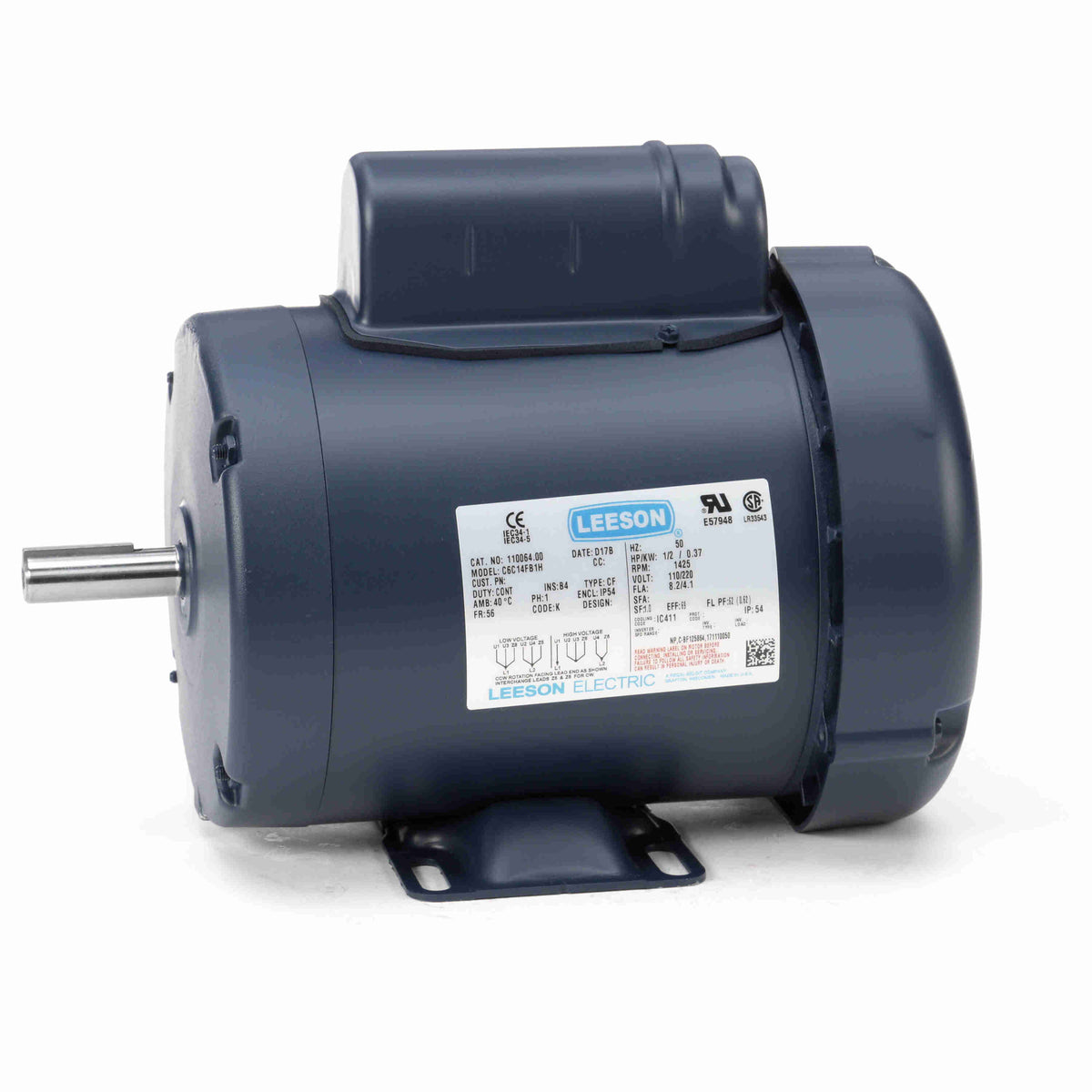 110064.00 Leeson Motor .5HP 1500RPM 56 TEFC 110/220Volt 1 Phase 50 HZ - Square One Electric Motors & Pumps
