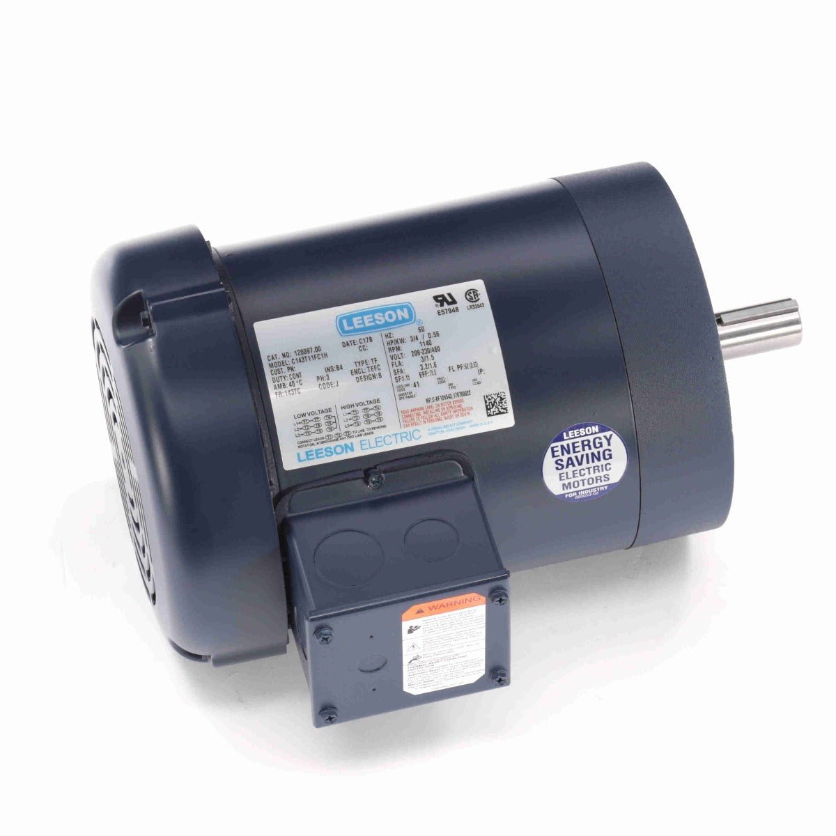 120097.00 Leeson Motor 3/4HP 1140RPM 143TC TEFC 208 - 230/460V Three Phase - Square One Electric Motors & Pumps