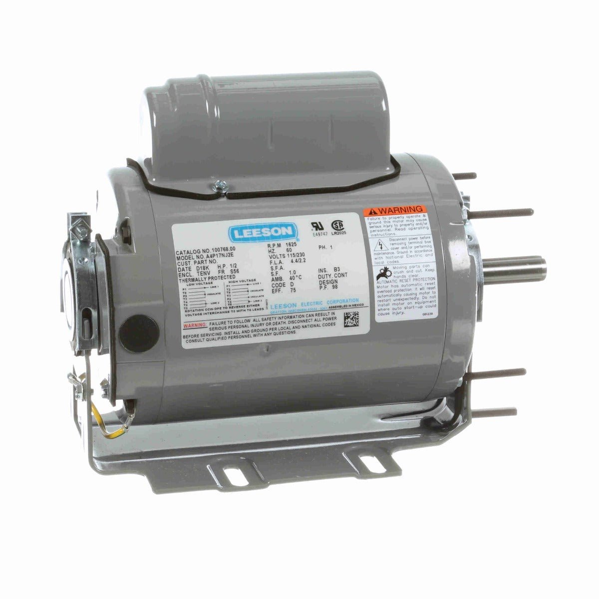100768.00 Leeson Motor 1/2HP 1625RPM 56H TENV 115/230V 1 Phase - Square One Electric Motors & Pumps