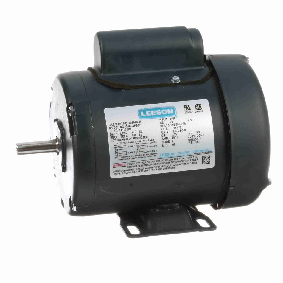 102020.00 Leeson Motor 1/2HP 3450RPM 48 TEFC 115/208 - 230V 1 Phase C4C34FB9 - Square One Electric Motors & Pumps