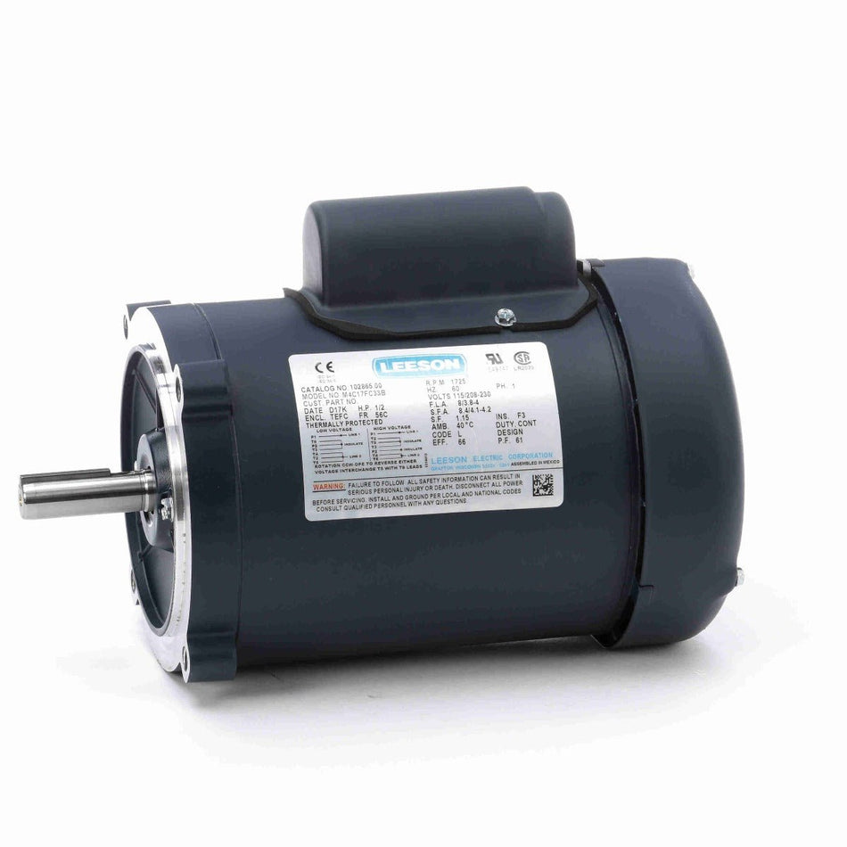 102865.00 Leeson Motor 1/2HP 1725RPM 56C TEFC 115/208 - 230V 1 Phase M4C17FC33 - Square One Electric Motors & Pumps