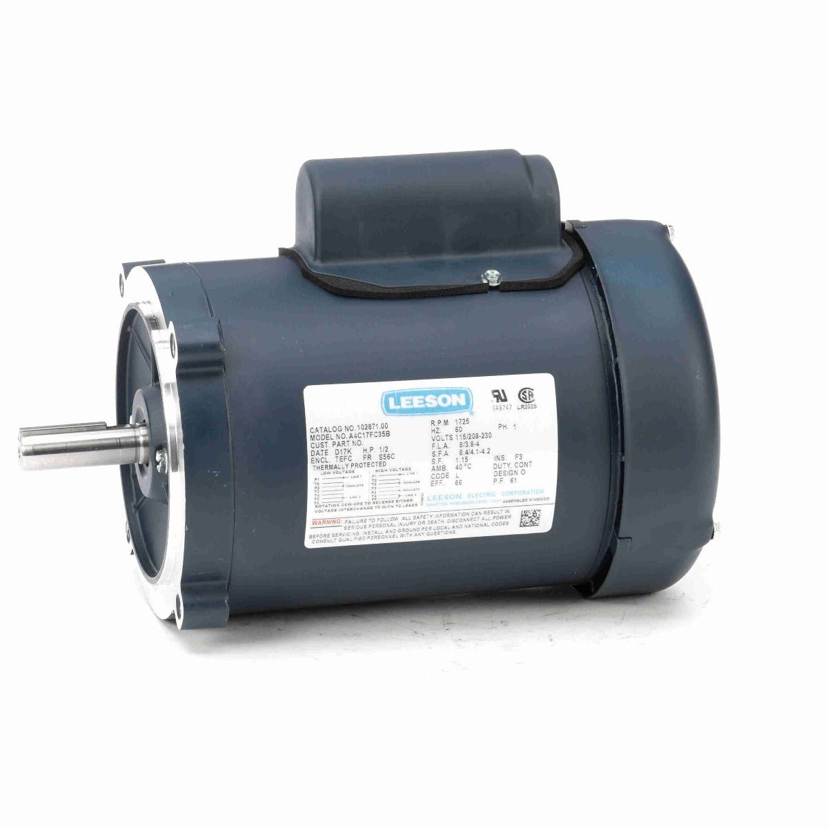 102871.00 Leeson Motor 1/2HP 1725RPM 56C TEFC 115/208 - 230V Single Phase A4C17FC35 - Square One Electric Motors & Pumps