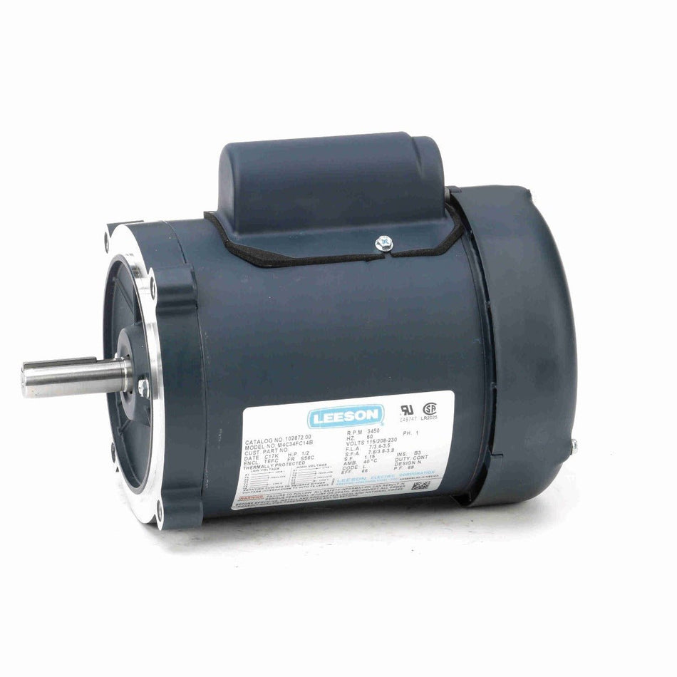 102872.00 Leeson Motor 1/2HP 3450RPM 56C TEFC 115/208 - 230V 1 Phase M4C34FC14 - Square One Electric Motors & Pumps