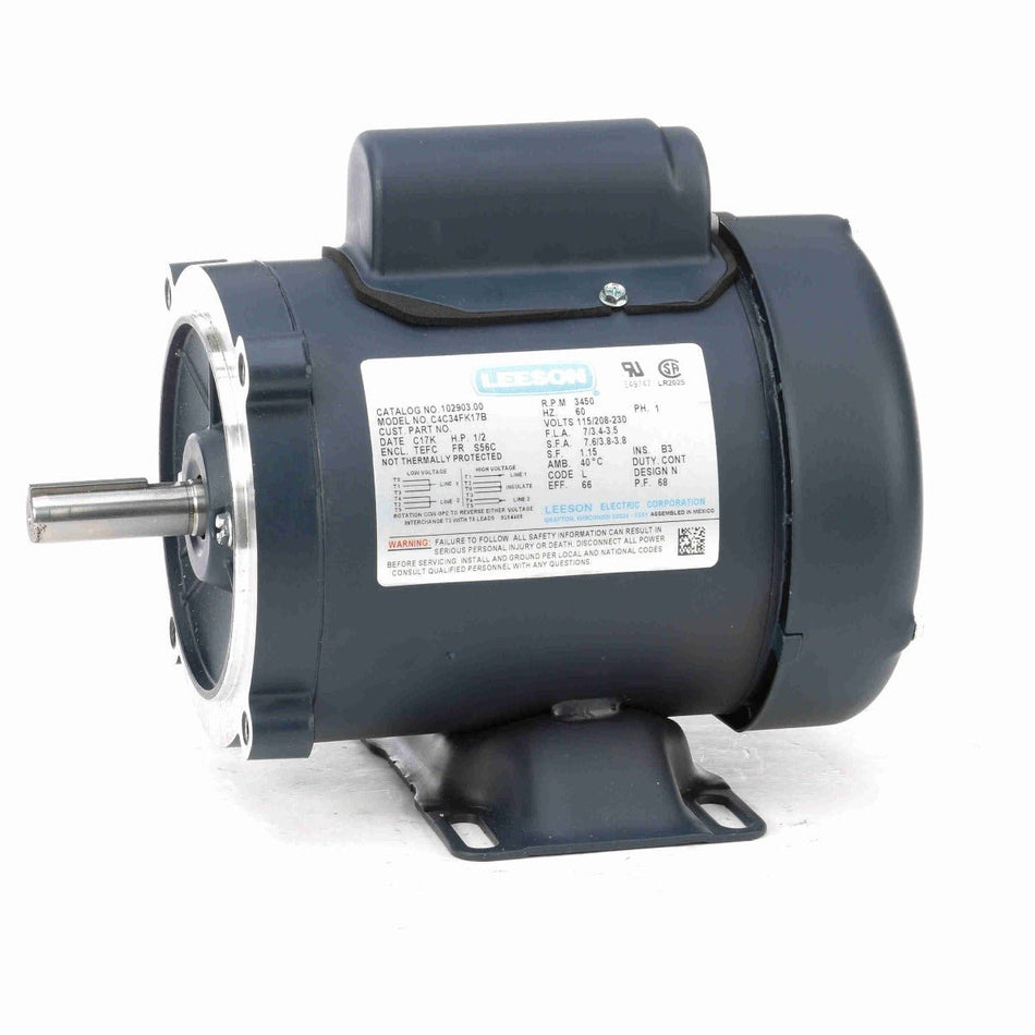 102903.00 Leeson AC Motor 1/2HP 3450RPM 56C TEFC 115/208 - 230V Single Phase - Square One Electric Motors & Pumps