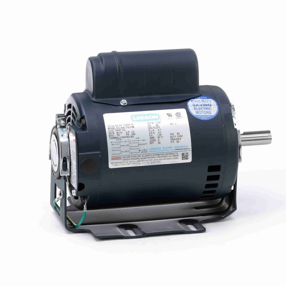 102965.00 Leeson Motor 1/2HP 1725RPM 56 DP 277V Single Phase A4C17DJ74 - Square One Electric Motors & Pumps