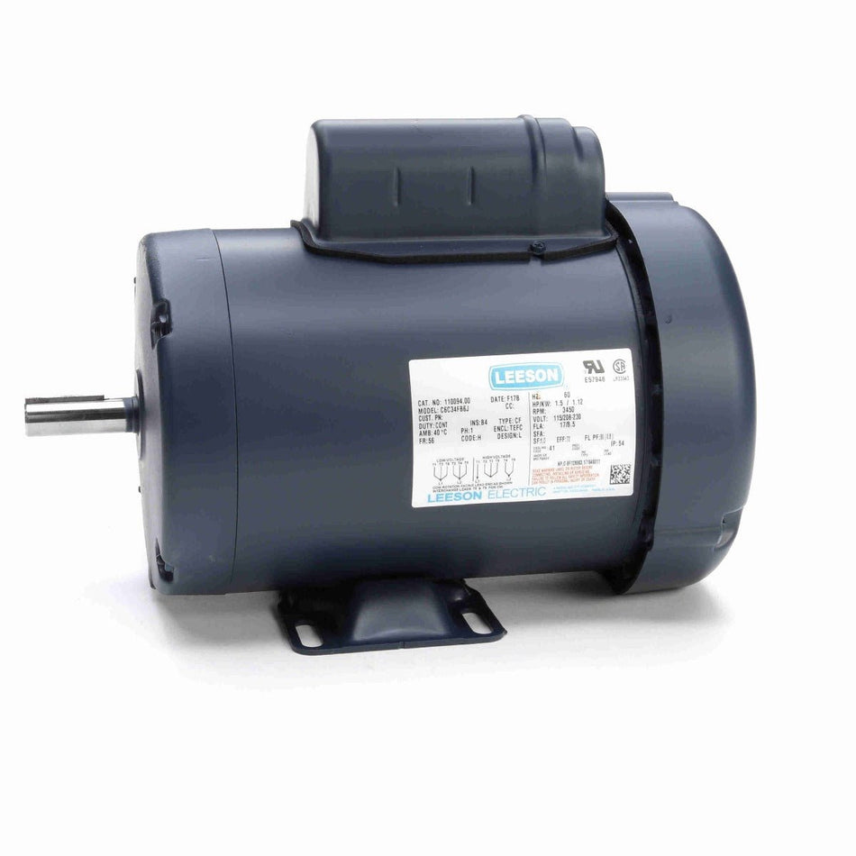 110094.00 Leeson Motor 1.5HP 3450RPM 56 TEFC 115/208 - 230Volt Single Phase C6C34FB6 - Square One Electric Motors & Pumps
