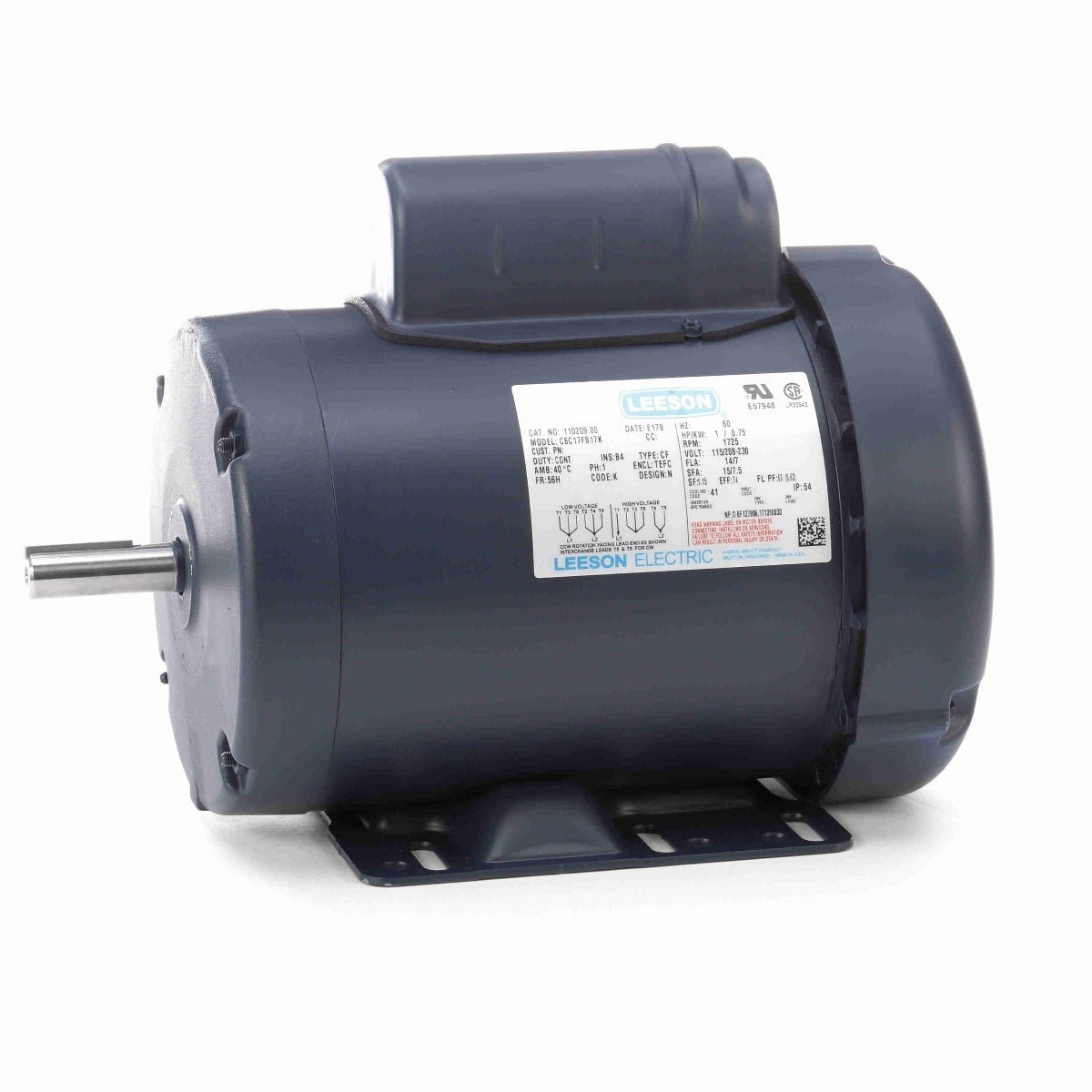 110209.00 Leeson Motor 1HP 1725RPM 56H TEFC 115/208 - 230Volt Single Phase C6C17FB17 - Square One Electric Motors & Pumps
