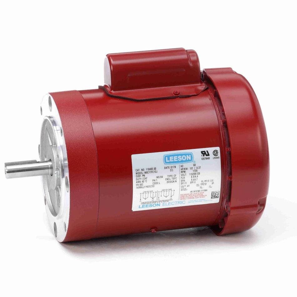 110492.00 Leeson Motor 1/2HP 1725RPM 56C TEFC 115/208 - 230V 1 Phase - Square One Electric Motors & Pumps