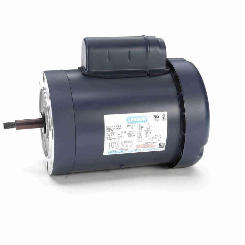 113639.00 Leeson Motor 1HP 3450RPM 56J TEFC 115/208 - 230Volt 1Phase - Square One Electric Motors & Pumps
