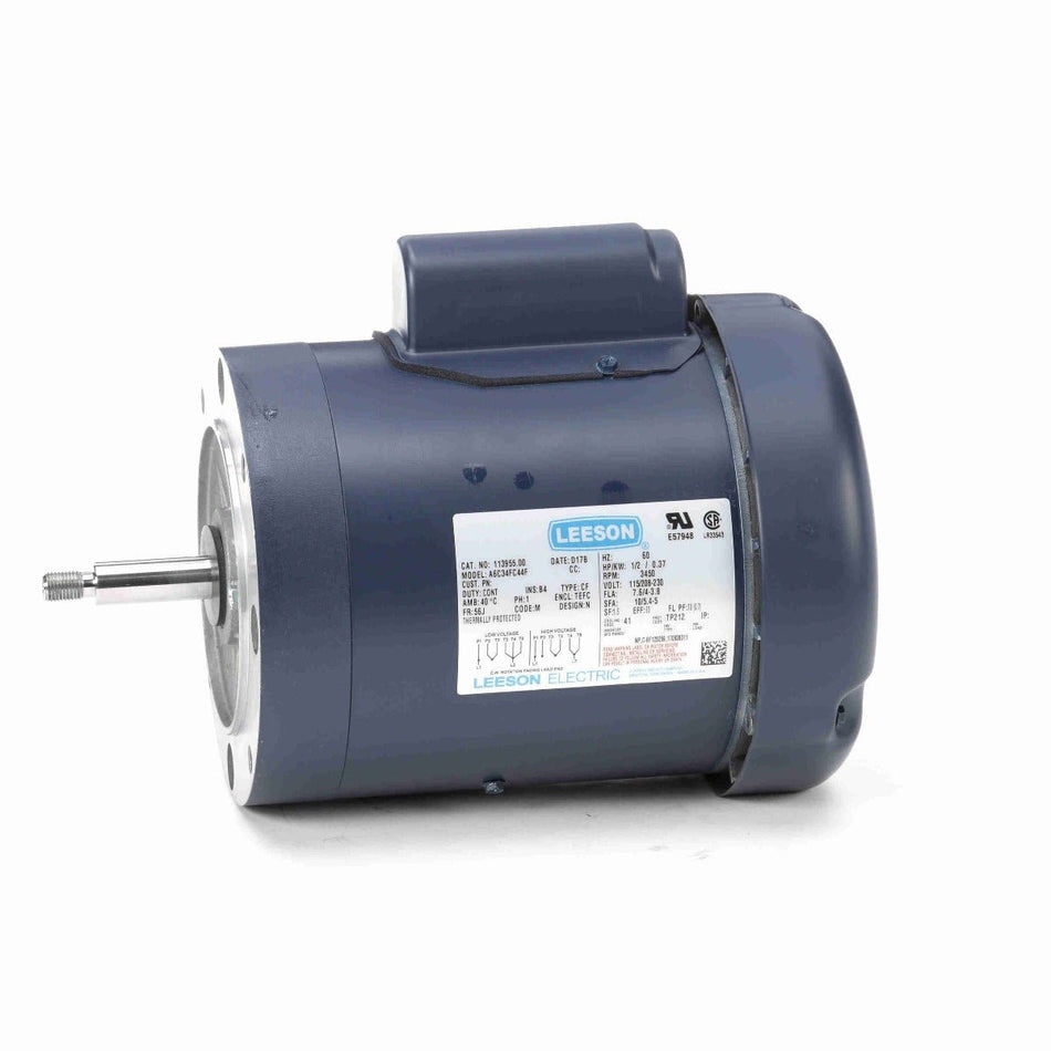 113955.00 Leeson Motor 1/2HP 3450RPM 56J TEFC 115/208 - 230V 1Phase - Square One Electric Motors & Pumps