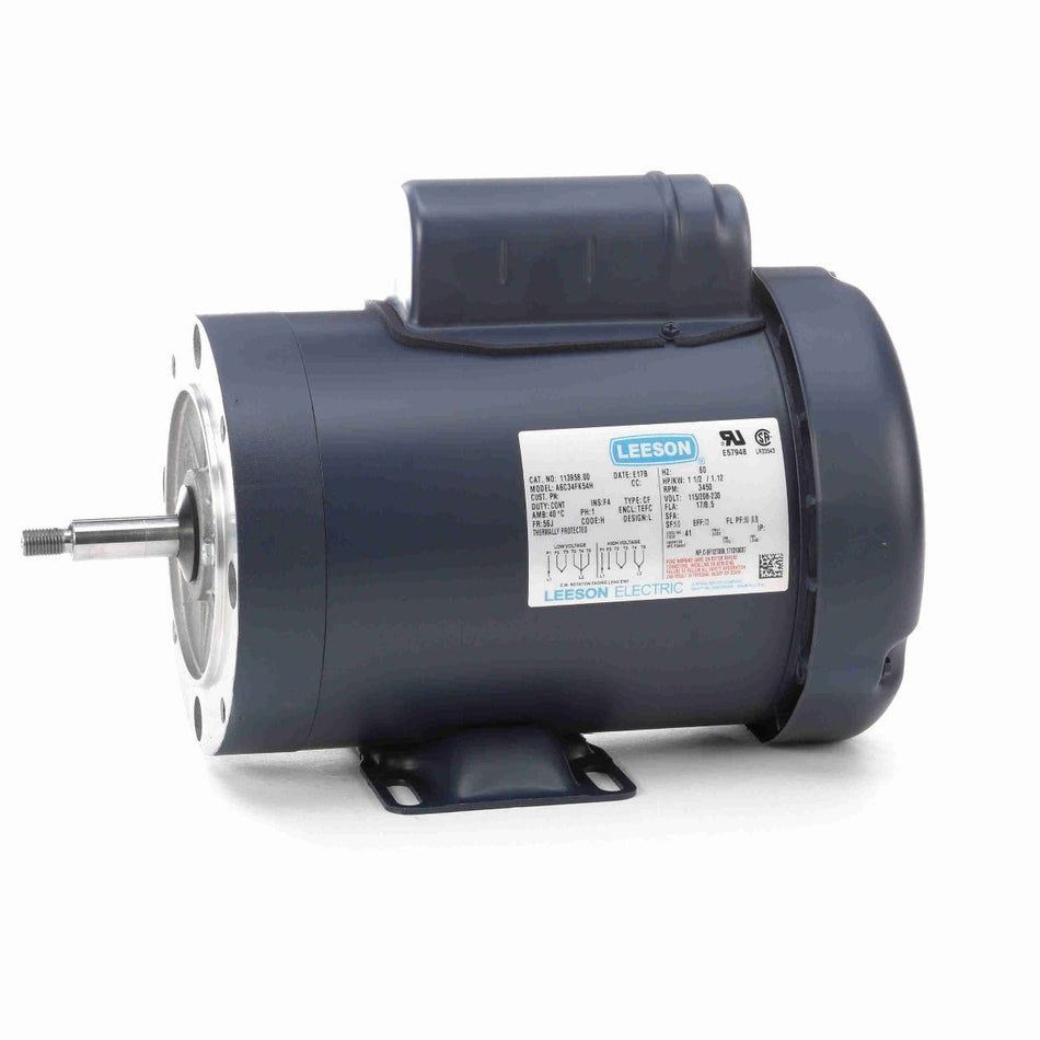113958.00 Leeson Motor 1.5HP 3450RPM 56J TEFC 115/208 - 230Volt 1Phase - Square One Electric Motors & Pumps