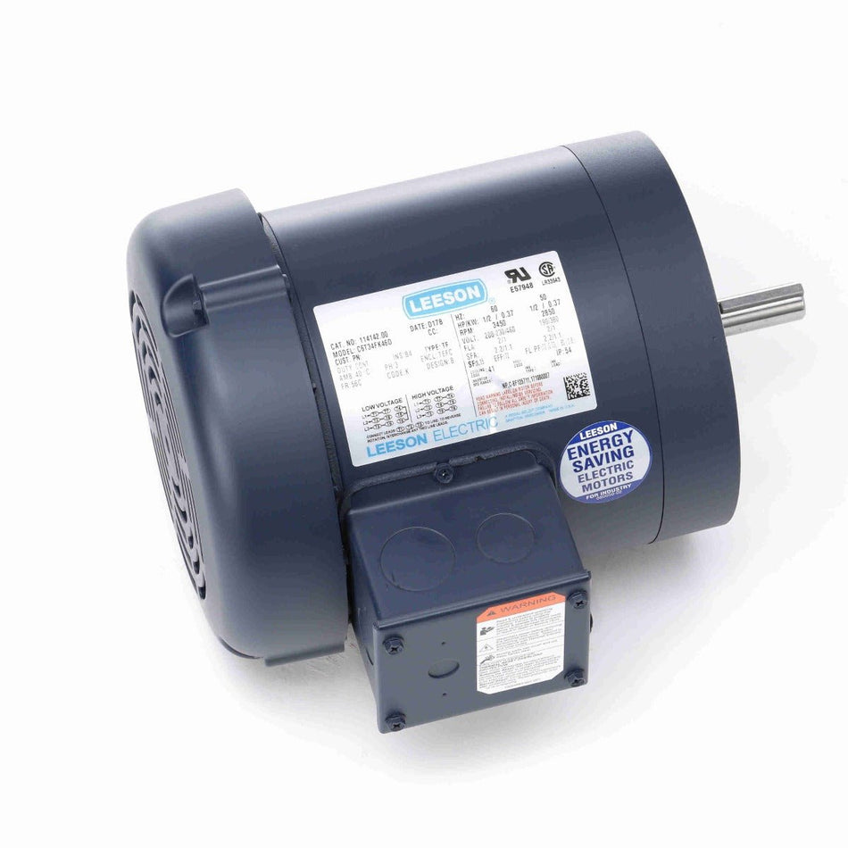 114142.00 Leeson Motor 1/2HP 3450RPM 56C TEFC 208 - 230/460V 3 Phase - Square One Electric Motors & Pumps