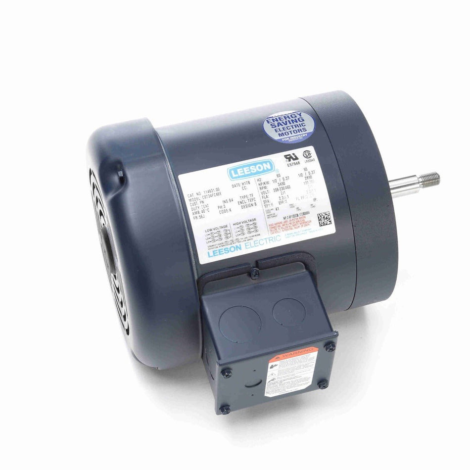114931.00 Leeson Motor 1/2HP 3450RPM 56J TEFC 208 - 230/460V 3 Phase - Square One Electric Motors & Pumps
