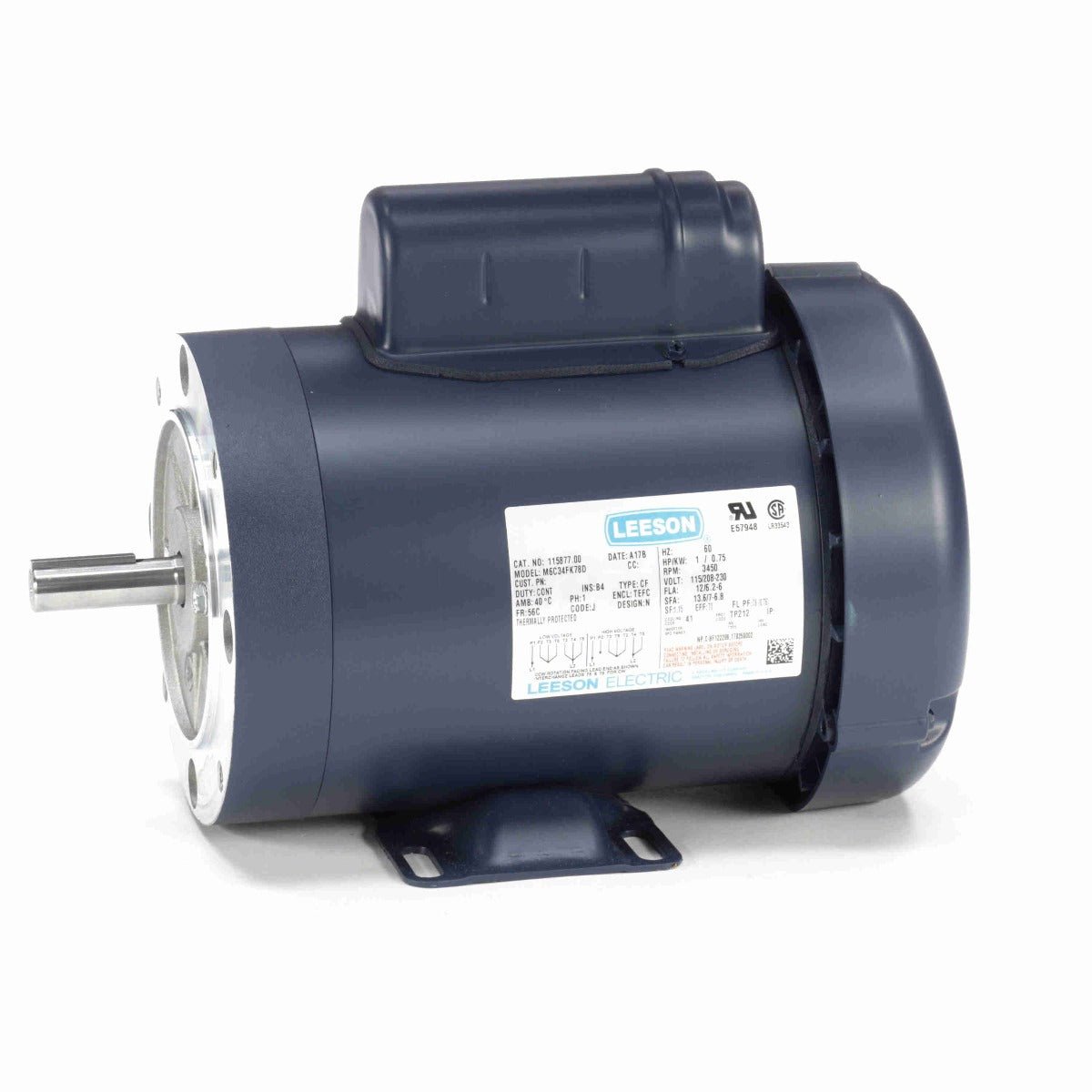 115877.00 Leeson Motor 1HP 3450RPM 56C TEFC 115/208 - 230Volt 1 Phase - Square One Electric Motors & Pumps