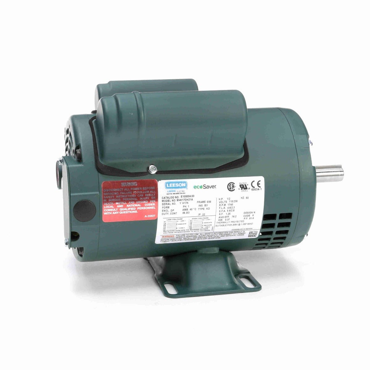 E100004.00 Leeson Motor 1/2HP 1725RPM S56 DP 115/208 - 230V 1 Phase M4K17DH21 - Square One Electric Motors & Pumps
