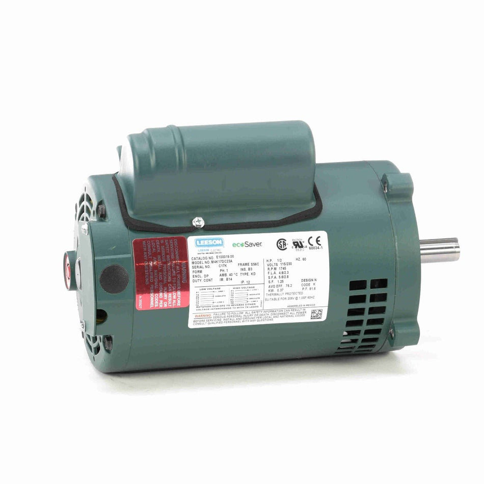 E100019.00 Leeson AC Motor 1/2HP 1725RPM 56C DP 115/208 - 230V 1 Phase M4K17DC23 - Square One Electric Motors & Pumps