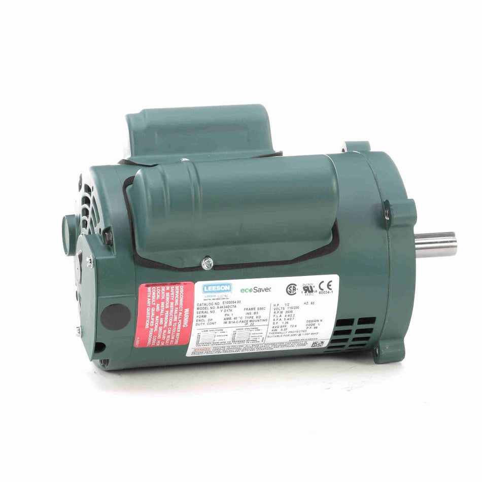 E100054.00 Leeson Motor 1/2HP 3450RPM 56C DP 115/208 - 230V 1 Phase A4K34DC17 - Square One Electric Motors & Pumps