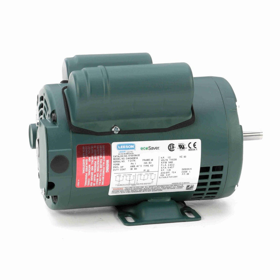 E100184.00 Leeson Motor 1/2HP 3450RPM 48 DP 115/208 - 230V Single Phase 4K34DB1 - Square One Electric Motors & Pumps