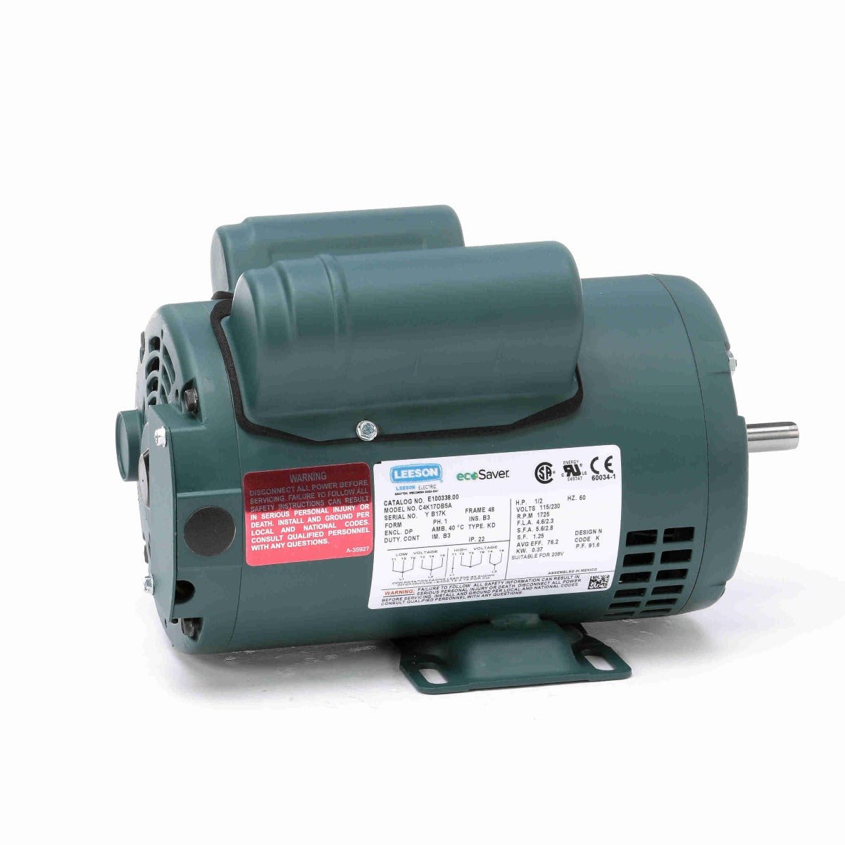 E100338.00 Leeson Motor 1/2HP 1725RPM 48 DP 115/208 - 230V 1 Phase C4K17DB5 - Square One Electric Motors & Pumps