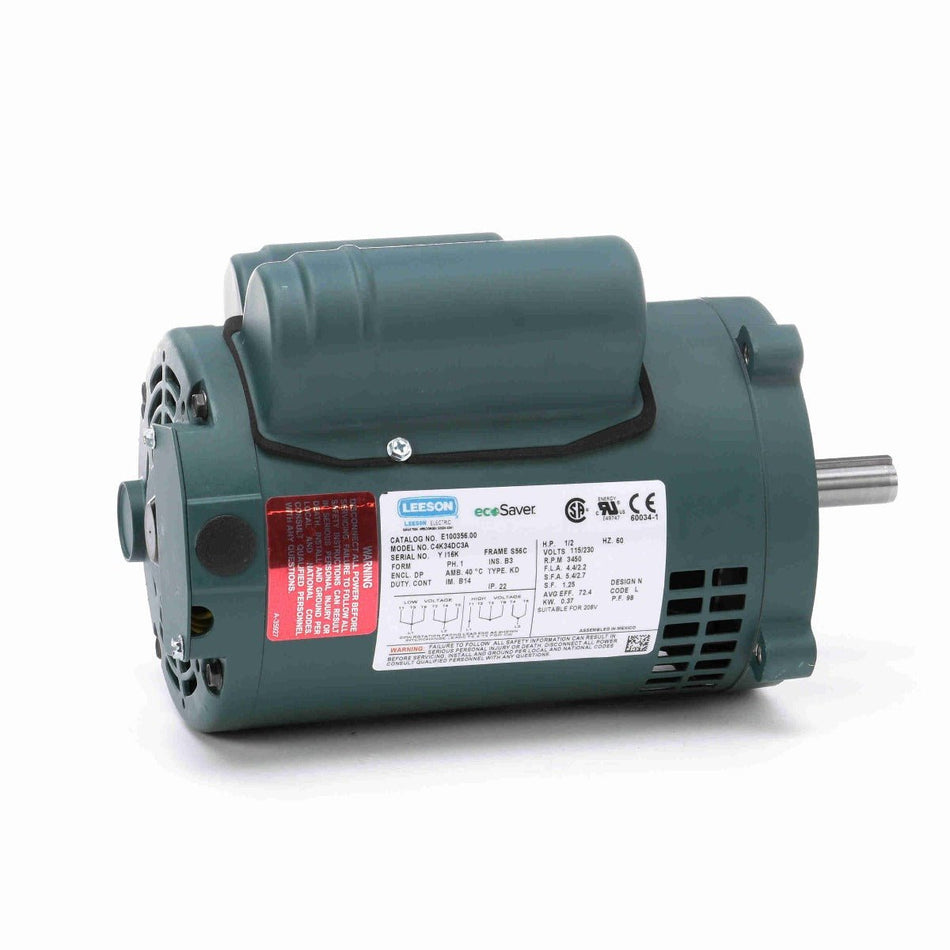 E100356.00 Leeson Motor 1/2HP 3450RPM 56C DP 115/208 - 230V 1 Phase C4K34DC3 - Square One Electric Motors & Pumps