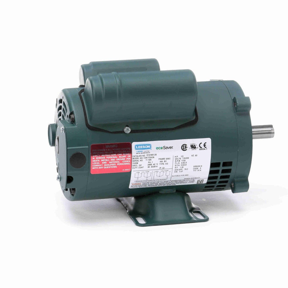 E101651.00 Leeson Motor 1/2HP 1725RPM 56C DP 115/208 - 230V 1 Phase C4K17DK5 - Square One Electric Motors & Pumps