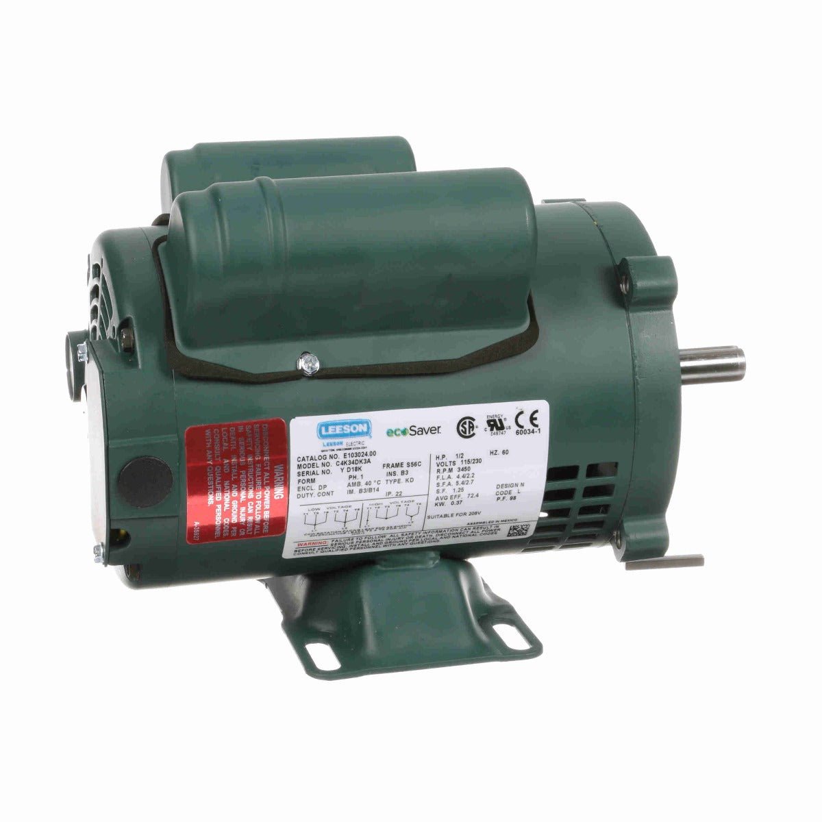E103024.00 Leeson AC Motor 1/2HP 3450RPM 56C DP 115/208 - 230V 1 Phase C4K34DK3 - Square One Electric Motors & Pumps