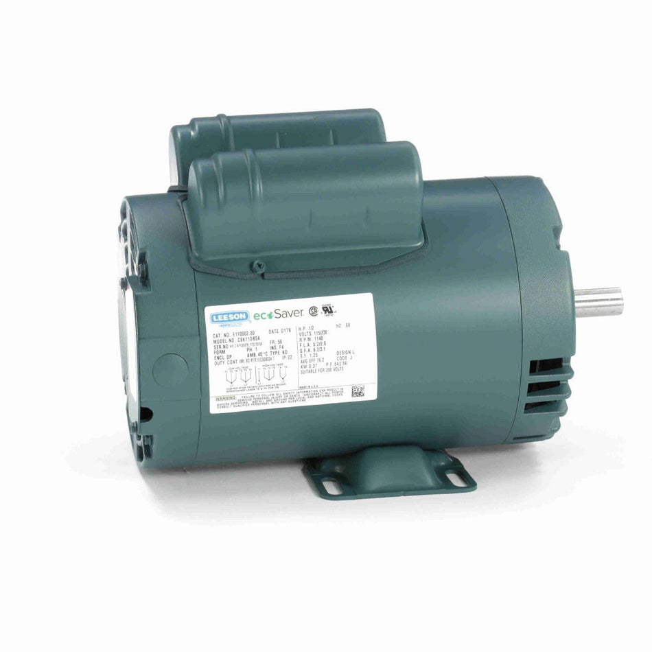E110002.00 Leeson Motor 1/2HP 1140RPM 56 DP 115/208 - 230V 1 Phase C6K11DB5 - Square One Electric Motors & Pumps