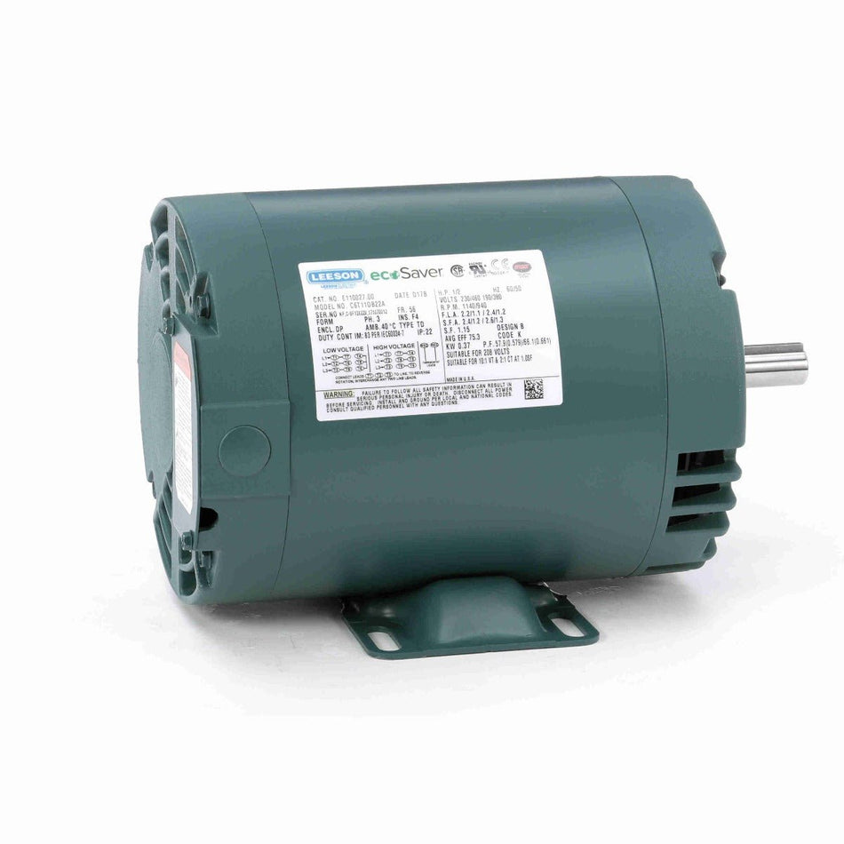 E110027.00 Leeson AC Motor 1/2HP 1140RPM 56 DP 208 - 230/460V 3 Phase - Square One Electric Motors & Pumps