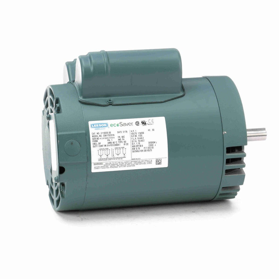 E110220.00 Leeson Motor 1HP 1725RPM 56C DP 115/208 - 230V Single Phase C6K17DC51 - Square One Electric Motors & Pumps