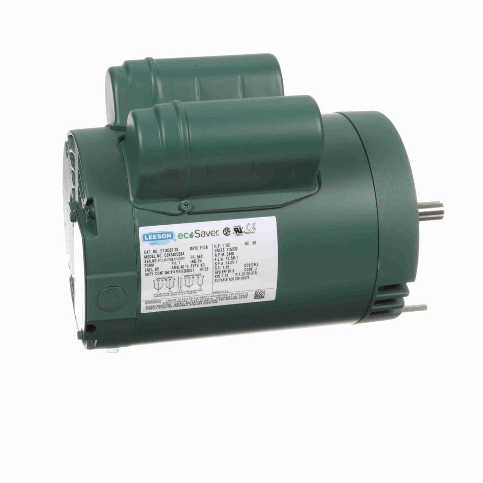 E110387.00 Leeson Motor 1.5HP 3450RPM 56C DP 115/208 - 230Volt Single Phase C6K34DC26 - Square One Electric Motors & Pumps