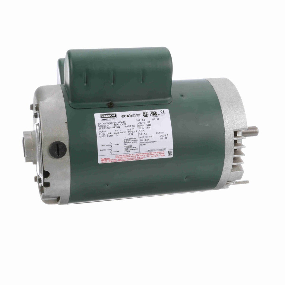 E113334.00 Leeson Motor 3HP 3450RPM 56C DP 230Volt Single Phase - Square One Electric Motors & Pumps