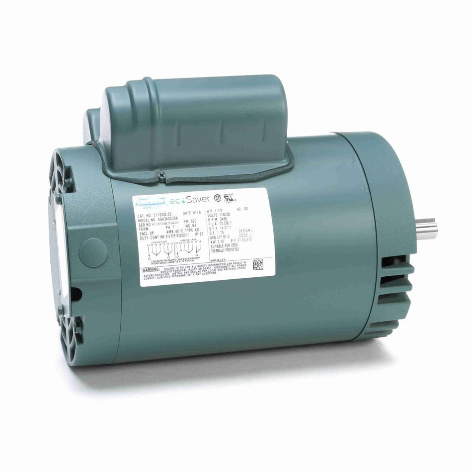 E113336.00 Leeson AC Motor 1.5HP 3450RPM 56C DP 115/208 - 230Volt Single Phase A6K34DC28 - Square One Electric Motors & Pumps