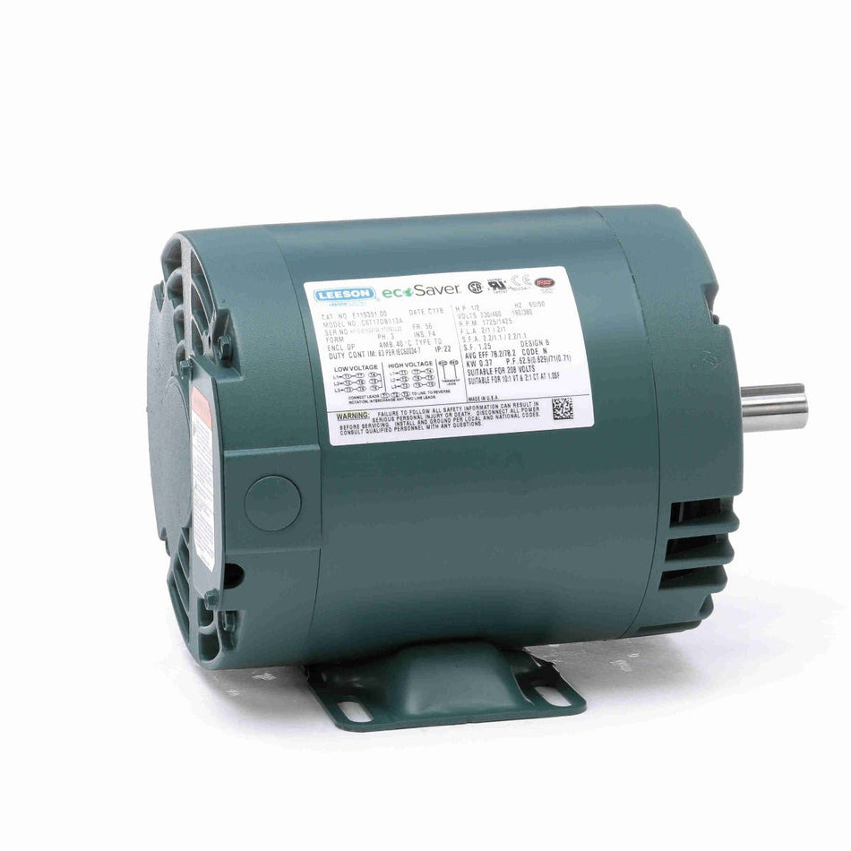 E119351.00 Leeson AC Motor 1/2HP 1725RPM 56 DP 208 - 230/460V Three Phase - Square One Electric Motors & Pumps