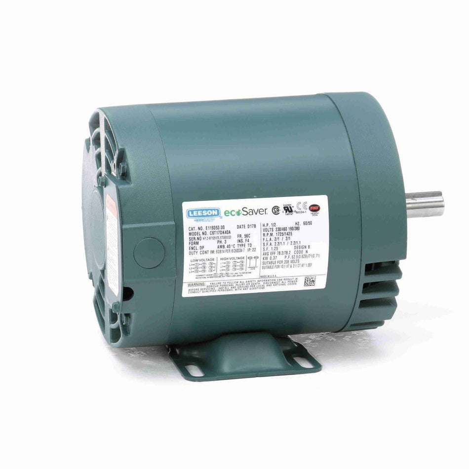 E119353.00 Leeson AC Motor 1/2HP 1725RPM 56C DP 208 - 230/460V 3 Phase - Square One Electric Motors & Pumps