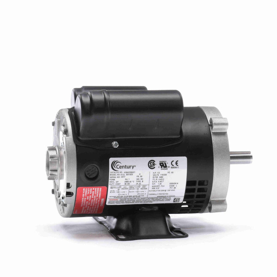 B513ES Century Motor 1/2HP 3450RPM C56C ODP 115/208 - 230 Volt 1 Phase - Square One Electric Motors & Pumps