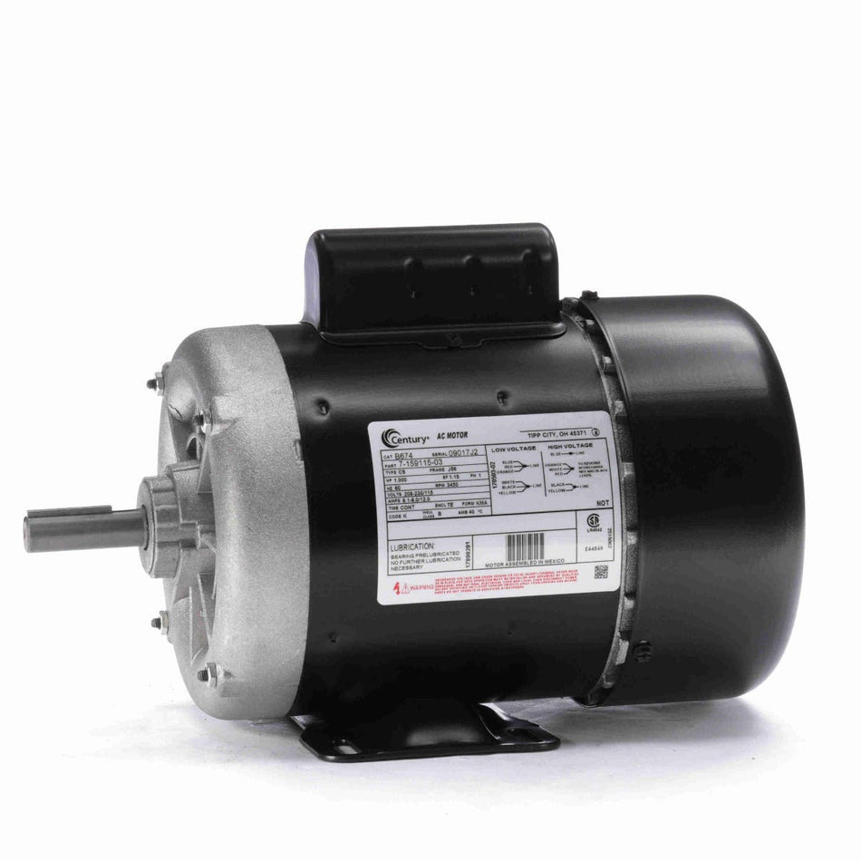 B674 Century Motor 1HP 3450RPM J56 TEFC 208 - 230/115 Volt 1 Phase - Square One Electric Motors & Pumps