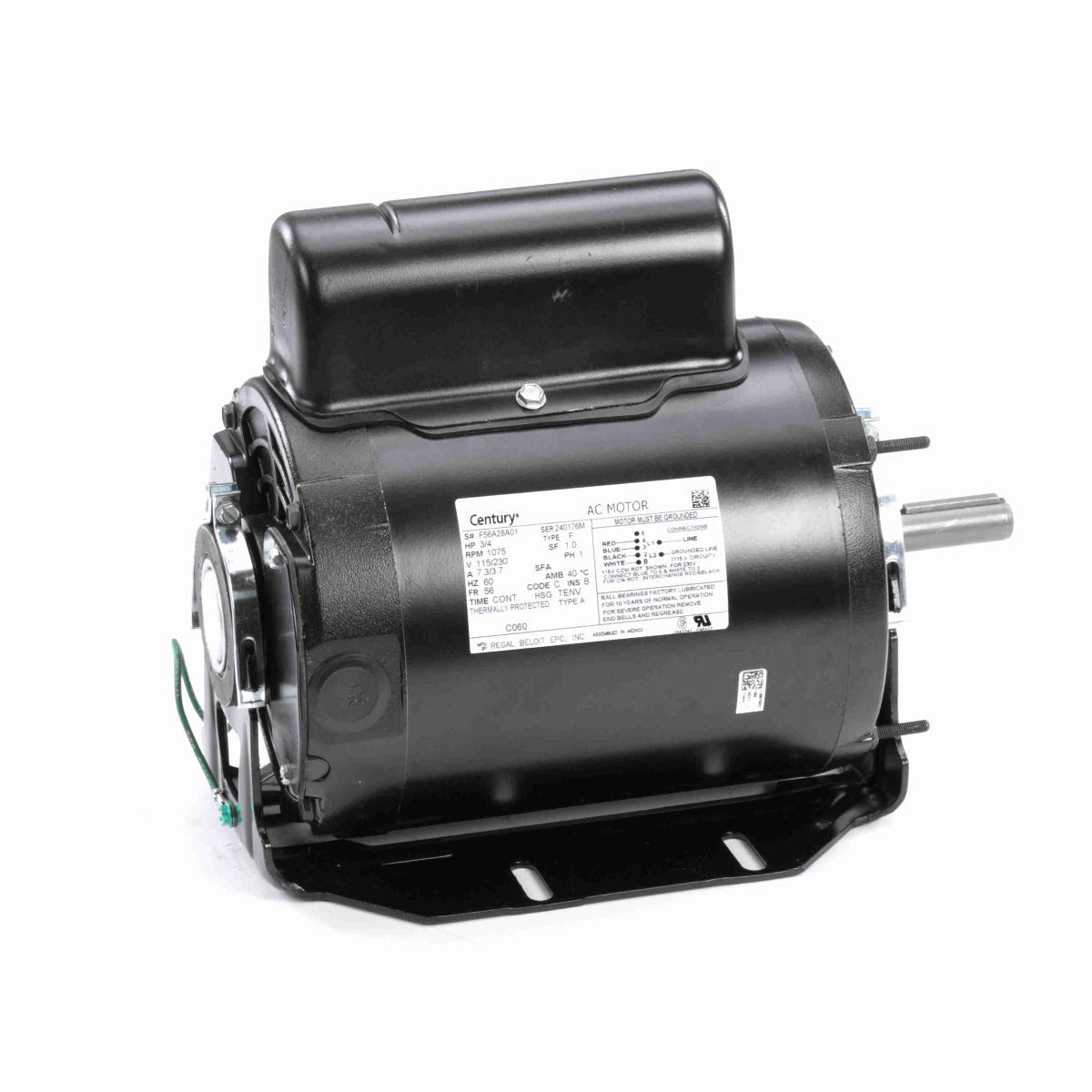 C060 Century Motor 3/4HP 1075RPM 56 TENV 115/230 Volt 1 Phase - Square One Electric Motors & Pumps