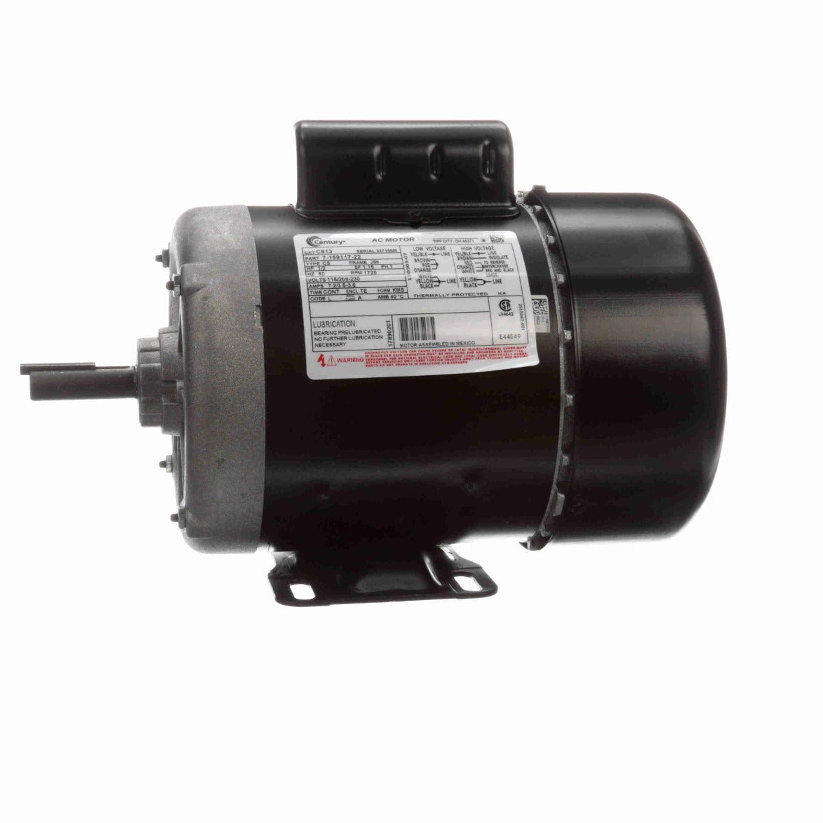 C613V1 Century Motor 1/2HP 1725RPM J56 TEFC 115/208 - 230 Volt 1 Phase - Square One Electric Motors & Pumps