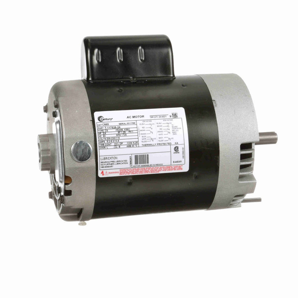 C665ES Century Motor 3/4HP 1725RPM K56C ODP 208 - 230/115 Volt 1 Phase - Square One Electric Motors & Pumps