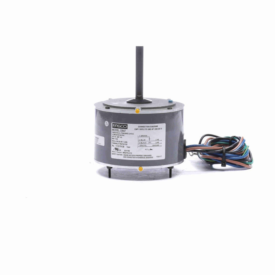 D847 Fasco Motor 1/8 HP, 1125 RPM, 208-230 V, OEM, 1 Phase