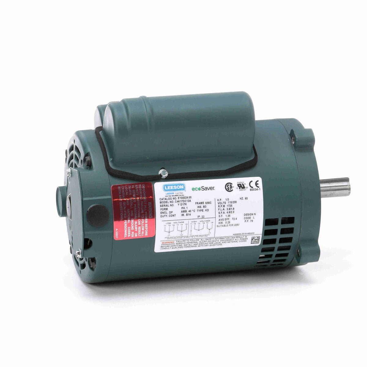 E100024.00 Leeson Motor 1/3HP 1725RPM 56C DP 115/208 - 230V Single Phase C4K17DC12 - Square One Electric Motors & Pumps