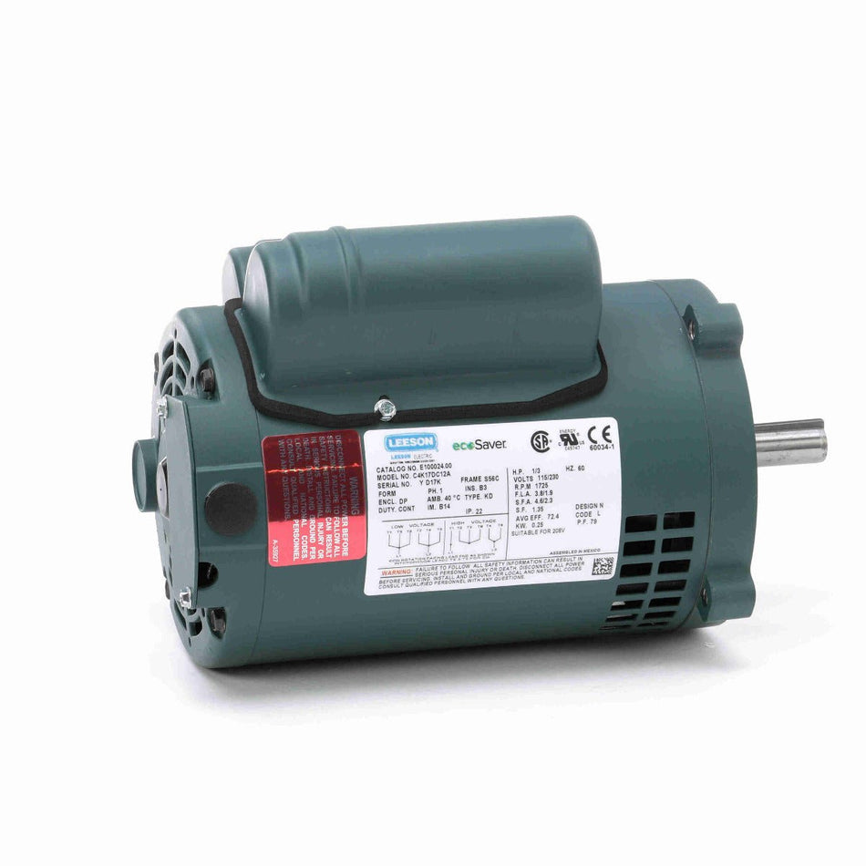 E100024.00 Leeson Motor 1/3HP 1725RPM 56C DP 115/208 - 230V Single Phase C4K17DC12 - Square One Electric Motors & Pumps