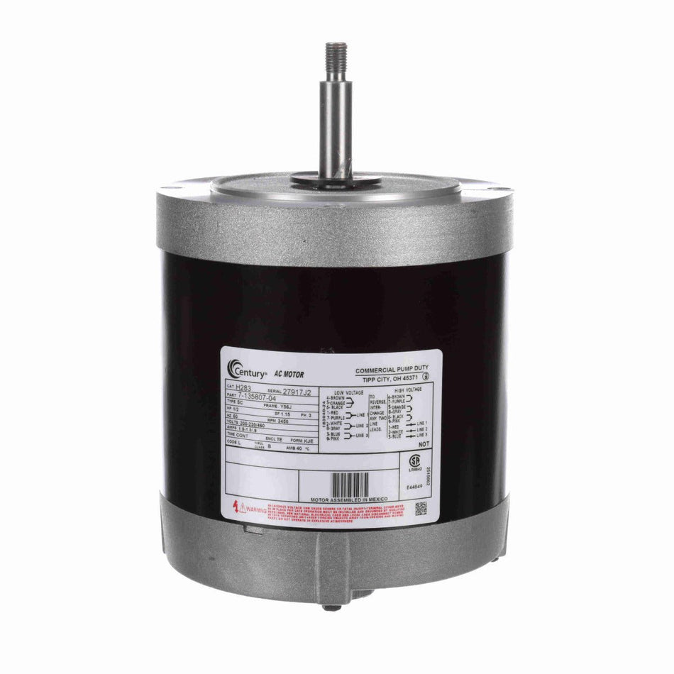 H283 Century Motor 1/2HP 3450RPM Y56J TENV 200 - 230/460 Volt 3 Phase - Square One Electric Motors & Pumps