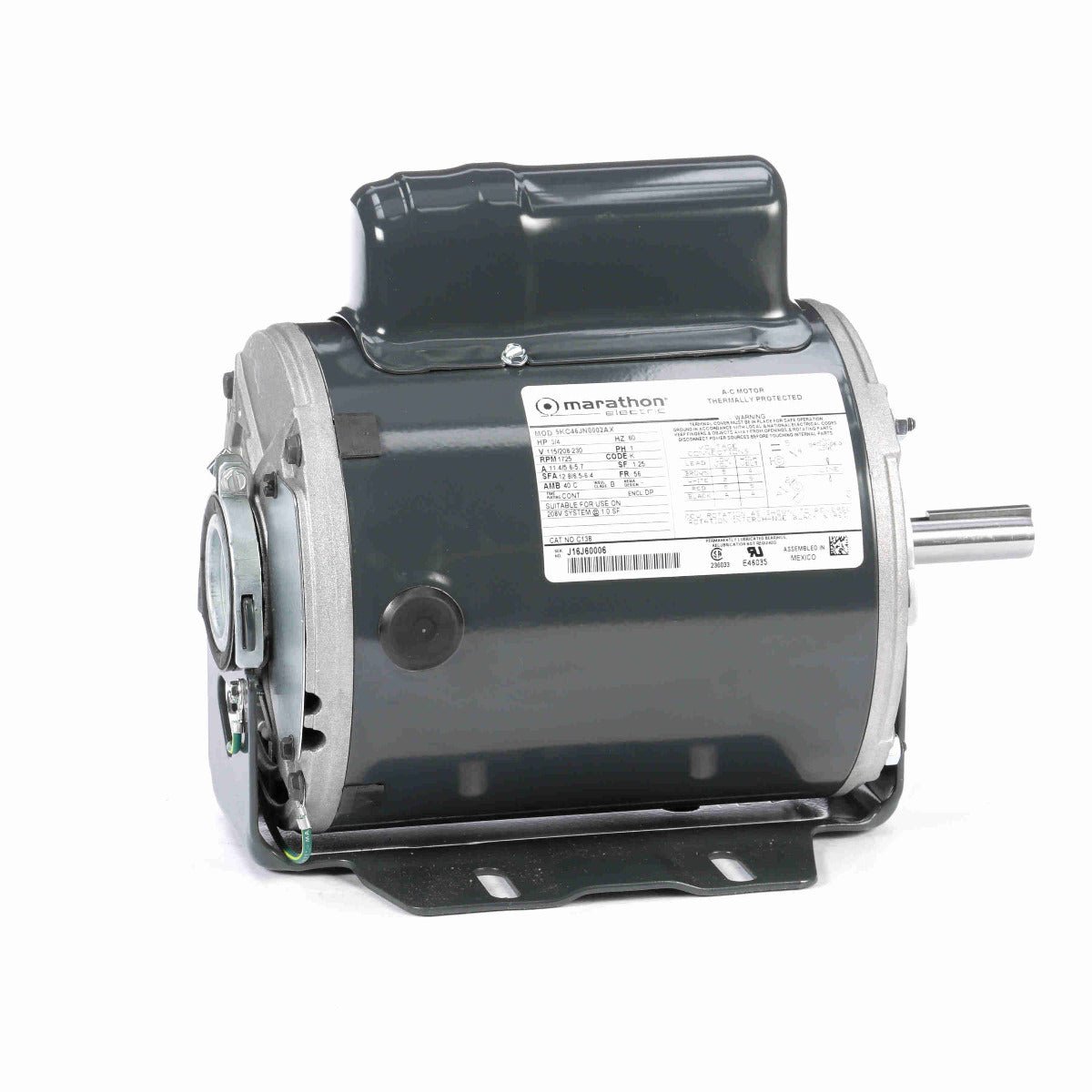 C138 Marathon Motor 3/4HP 1800RPM 56 DP 115/208 - 230V 1 Phase 5KC46JN0002X - Square One Electric Motors & Pumps