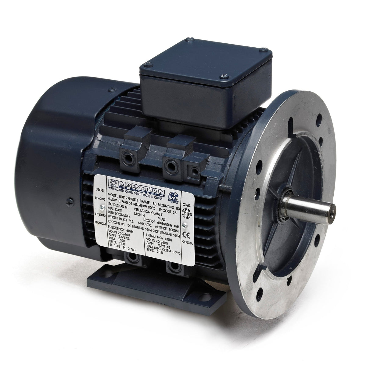 R392A Marathon IEC Motor 1HP - .75KW 3600RPM 80D TEFC 230/460V 3 Phase 080T34FH15513 - Square One Electric Motors & Pumps