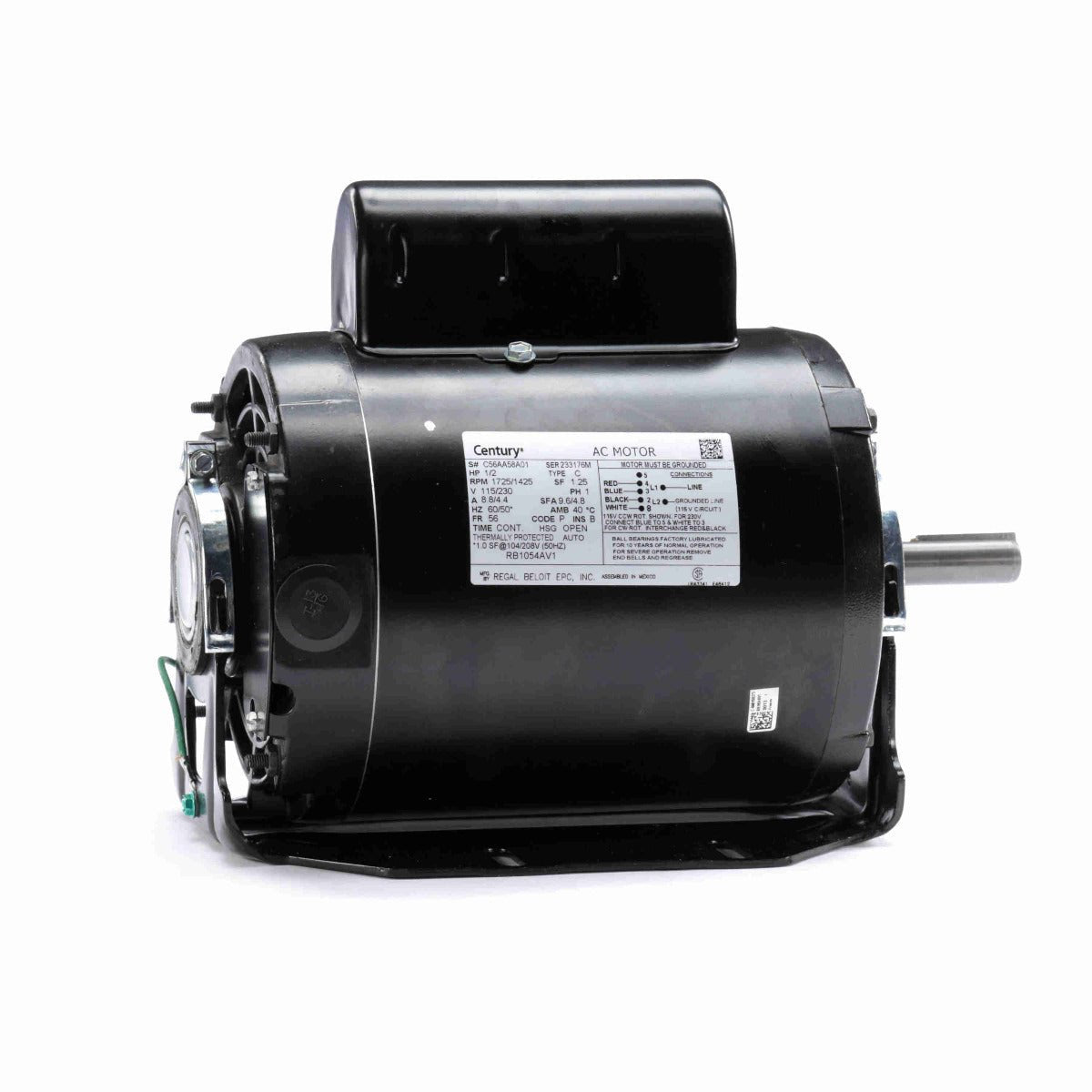 RB1054AV1 Century Motor 1/2HP 1725/1425RPM 56 OPEN 115/230 Volt 1 Phase - Square One Electric Motors & Pumps