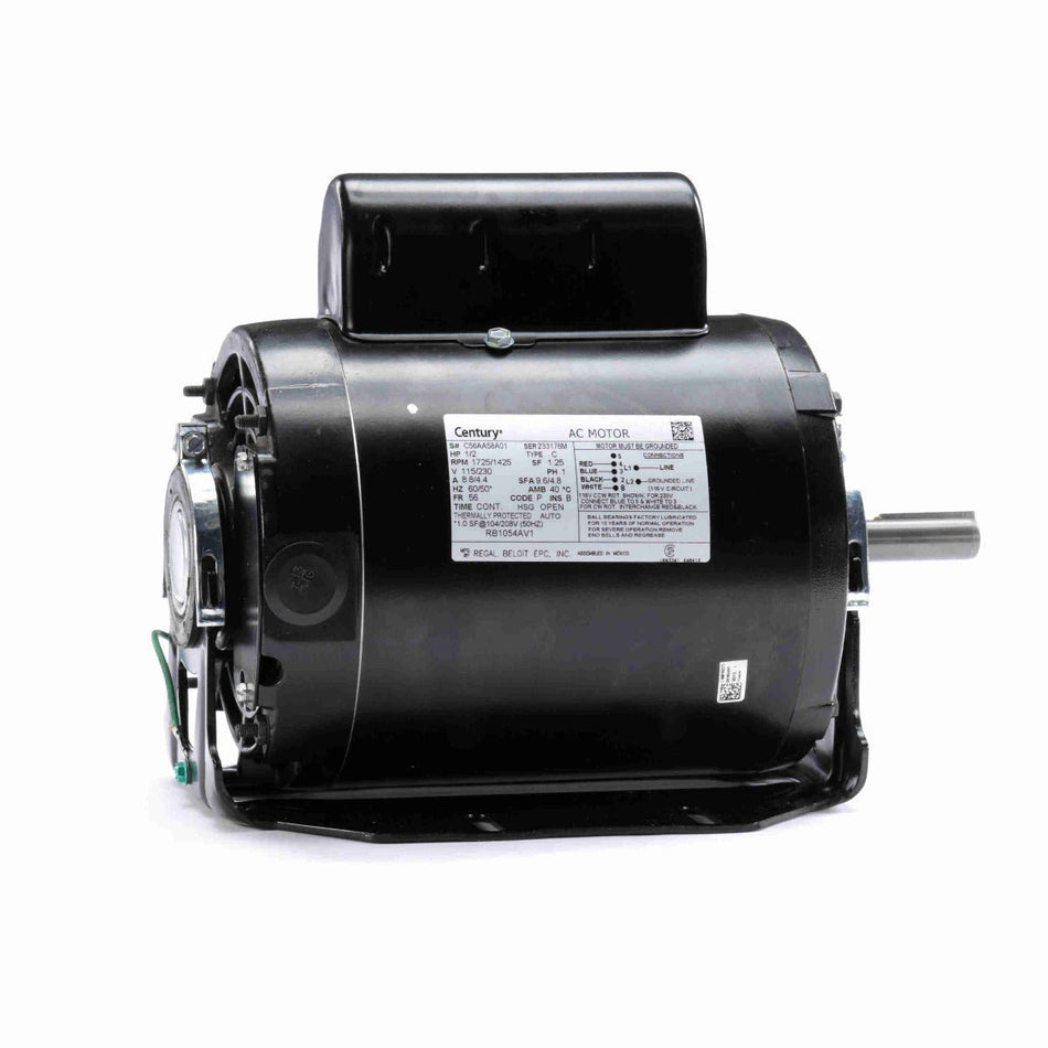 RB1054AV1 Century Motor 1/2HP 1725/1425RPM 56 OPEN 115/230 Volt 1 Phase - Square One Electric Motors & Pumps