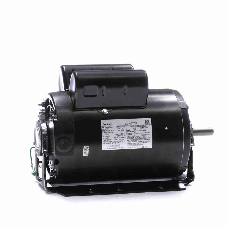 RB1154AV1 Century Motor 1.5HP 1725/1425RPM 56H OPEN 115/208 - 230 Volt 1 Phase - Square One Electric Motors & Pumps