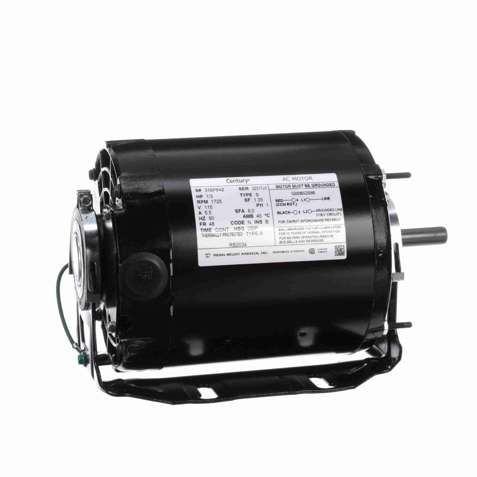 RB2034 Century Motor 1/3HP 1725RPM 48 ODP 115 Volt 1 Phase - Square One Electric Motors & Pumps