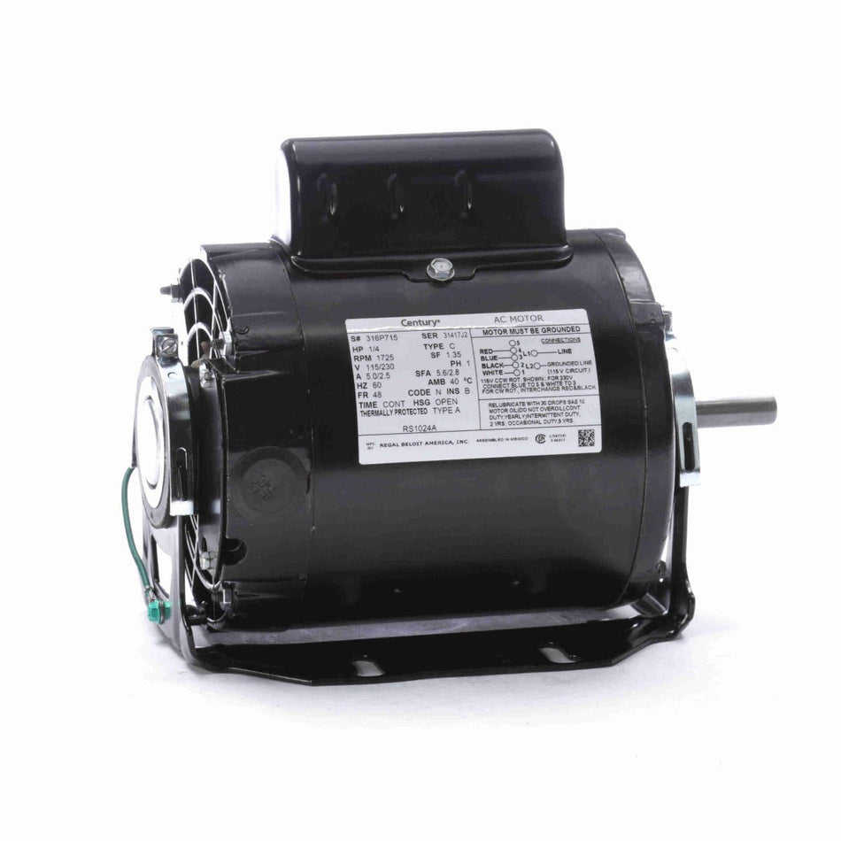 RS1024A Century Motor 1/4HP 1725RPM 48 OPEN 115/230 Volt 1 Phase - Square One Electric Motors & Pumps